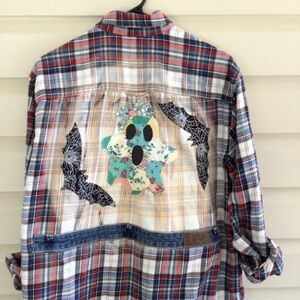 UPCYCLED HALLOWEEN FLANNEL SZ L VINTAGE QUILT BLOCKS GHOST BATS LACE